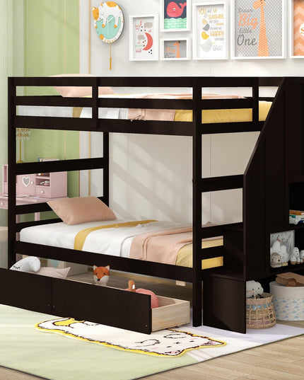 Giantex Bunk Bed Twin Over Twin with Storage Stairs & Drawers, Solid Wood Bunk Bed with Full-Length Guardrails