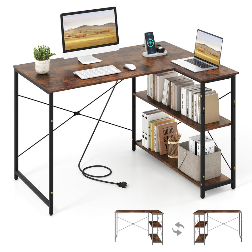 Giantex 47 Inch Reversible Computer Desk with Adjustable Storage Shelves & Metal Frame