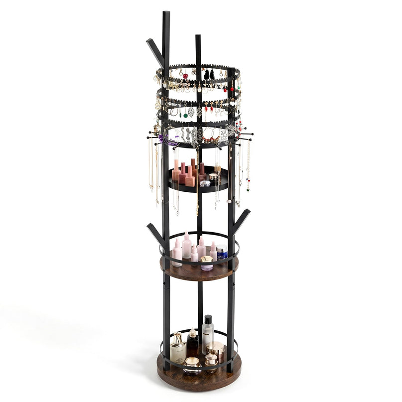 CHARMAID 360° Rotating Floor Standing Jewelry Organizer | 58.5" Jewelry Tree with 3-Tier Earring Holders