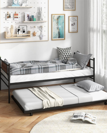 Giantex Metal Daybed with Trundle, Twin Size Day Bed with Wood Grain Headboard & Metal Slat Support