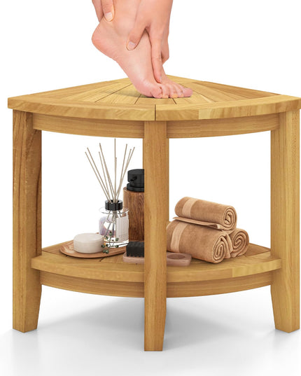 Giantex Corner Shower Stool - Teak Wood Shower Bench Seat with Storage Shelf for Shaving Legs
