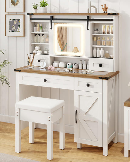CHARMAID Farmhouse Vanity Desk with Barn-Style Sliding Mirror, Lights & Stool (42" Wide,White & Brown)