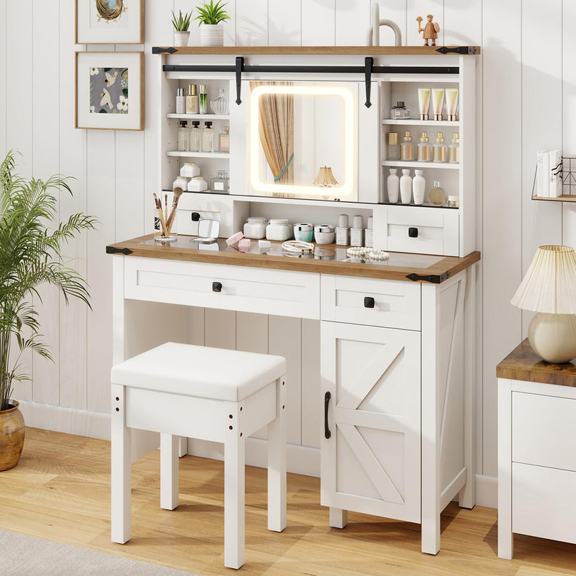 CHARMAID Farmhouse Vanity Desk with Barn-Style Sliding Mirror, Lights & Stool (42" Wide,White & Brown)