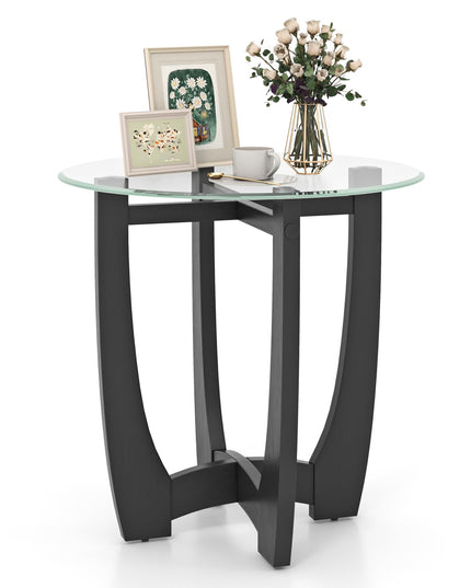 Giantex Glass End Table, Round Side Table with Rubber Wood Frame & Tempered Glass Top, 23.5" Small Black Coffee Table