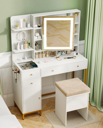 CHARMAID Vanity Desk with Mirror and Lights, White Makeup Vanity Table with Transparent Glass Tabletop