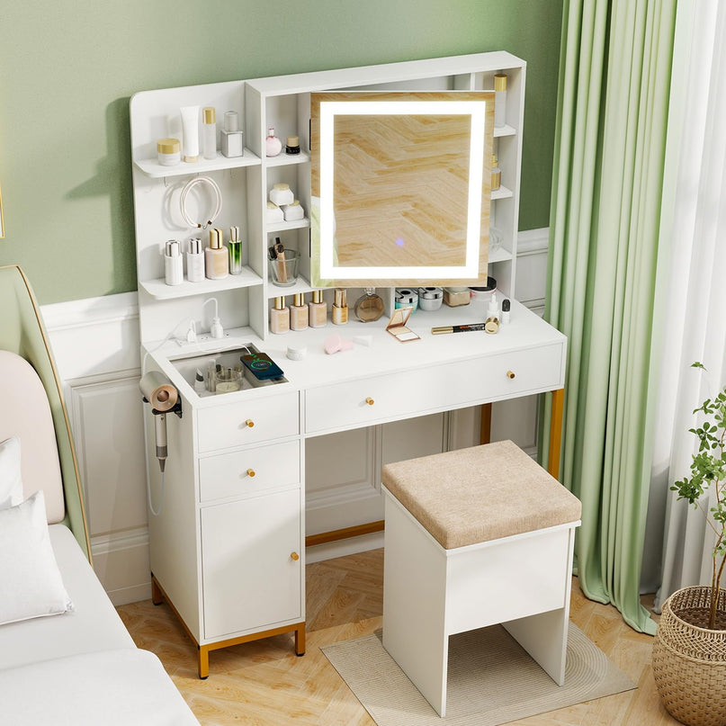 CHARMAID Vanity Desk with Mirror and Lights, White Makeup Vanity Table with Transparent Glass Tabletop