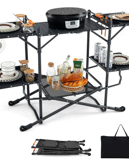 Giantex Camping Cooking Table, Folding Grill Table with Aluminum Tabletop, 4 Side Tables, Storage Rack