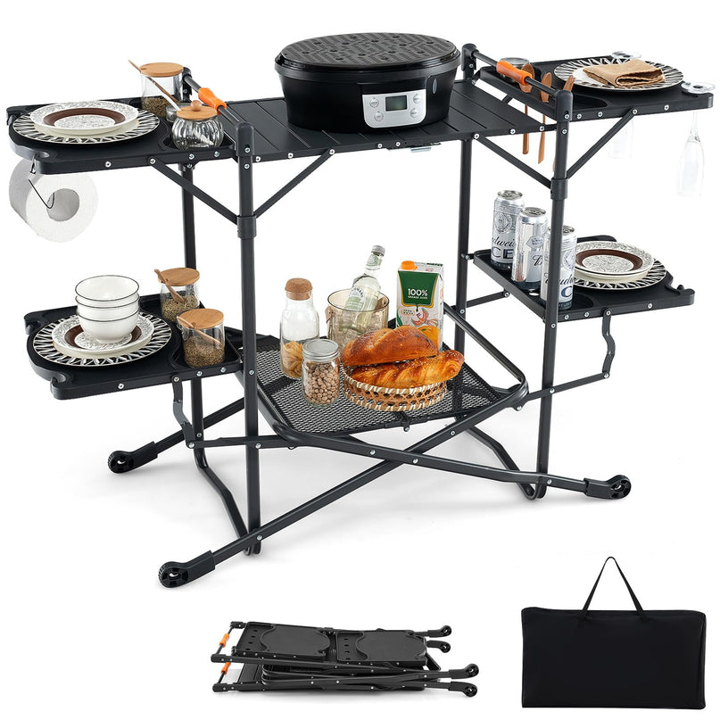 Giantex Camping Cooking Table, Folding Grill Table with Aluminum Tabletop, 4 Side Tables, Storage Rack