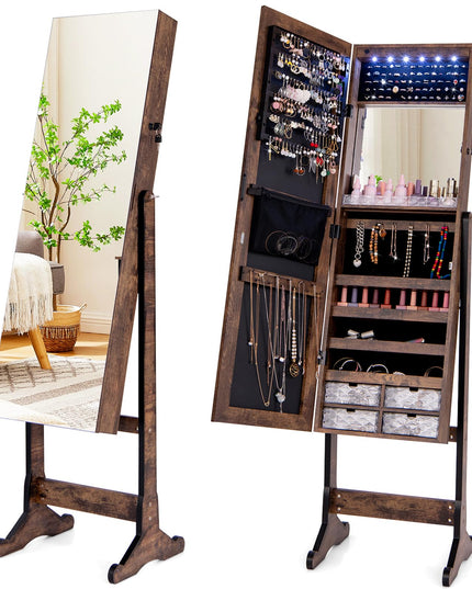 CHARMAID 6 LEDs Jewelry Cabinet Armoire with High Full length Mirror, Lockable Standing Jewelry Organizer Storage with lipstick Tray