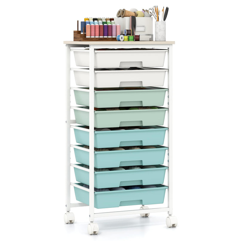 Giantex 8 Drawers Rolling Cart with Wheels Wood Top Sturdy Frame
