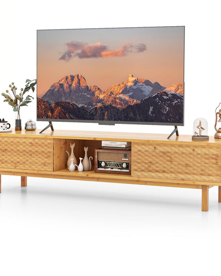 Giantex 63” Bamboo TV Stand, Entertainment Center with 3 Storage Cubes, Sliding Doors