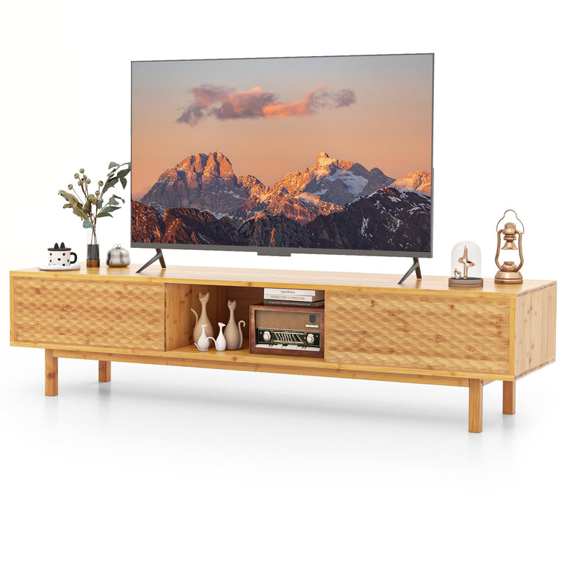 Giantex 63” Bamboo TV Stand, Entertainment Center with 3 Storage Cubes, Sliding Doors