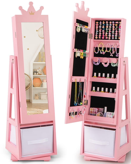 CHARMAID 360° Swivel Kids Jewelry Cabinet, 47" Full Length Mirror with Jewelry Storage