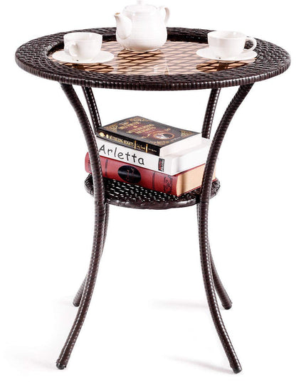 Giantex Round Rattan Wicker Coffee Table Glass Top Steel Frame Patio Furni (Round)