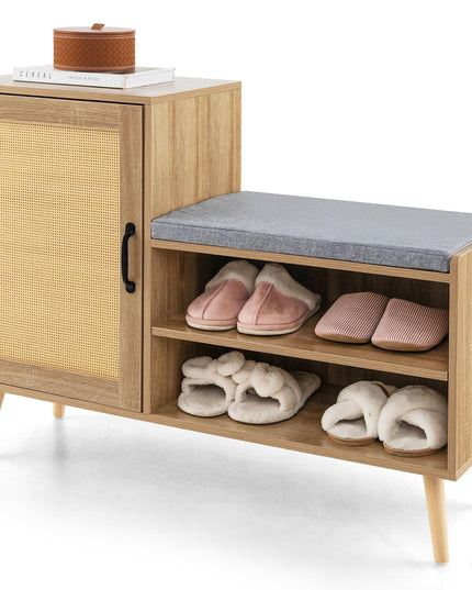 Giantex Shoe Cabinet with Shoe Bench - Rattan Shoe Storage Cabinet, Shoe Rack Organizer for 10-12 Pairs