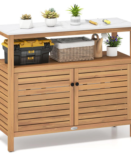Giantex Outdoor Potting Bench Acacia Wood Large Planting Workstation