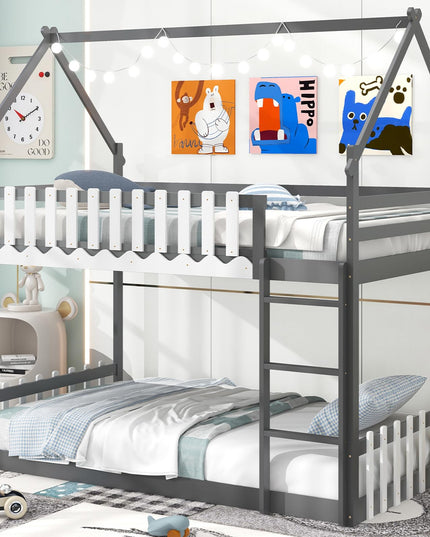 Giantex Bunk Bed Twin Over Twin, Wood House Low Bunk Bed with Ladder & Fence Safety Guardrail