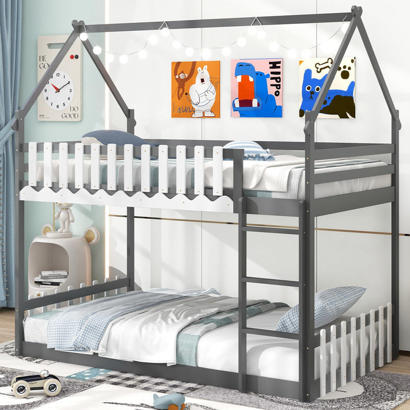 Giantex Bunk Bed Twin Over Twin, Wood House Low Bunk Bed with Ladder & Fence Safety Guardrail