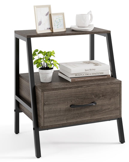 Giantex 3-Tier Farmhouse Nightstand with Drawer and Open Shelf