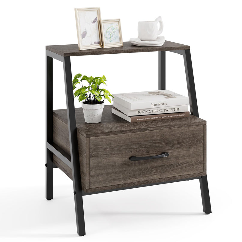 Giantex 3-Tier Farmhouse Nightstand with Drawer and Open Shelf