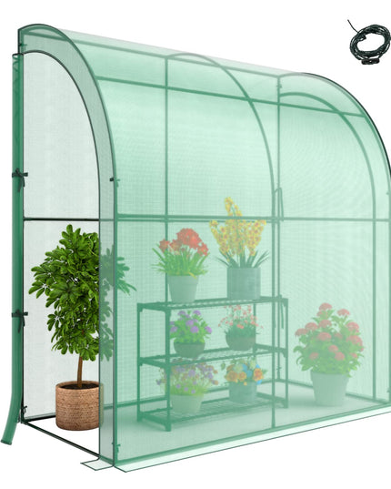 Giantex Walk-in Lean-to Greenhouse - with 3-Tier Plant Stand, 7’x 3.5’x 7’ Green House, PE Grid Cover