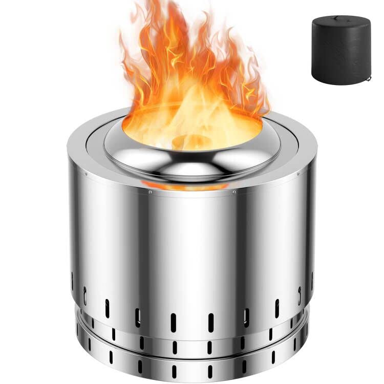 Giantex Smokeless Fire Pit for Outside - 19.5 Inch Stainless Steel Wood Burning Firepit with Protective Cover