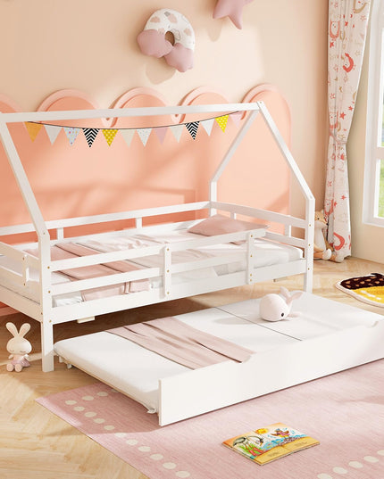 Giantex Twin House Bed with Trundle, Wood Kids Bed Frame with Roof & Fence Rails