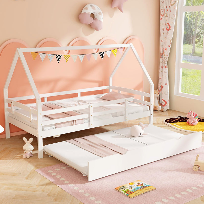 Giantex Twin House Bed with Trundle, Wood Kids Bed Frame with Roof & Fence Rails