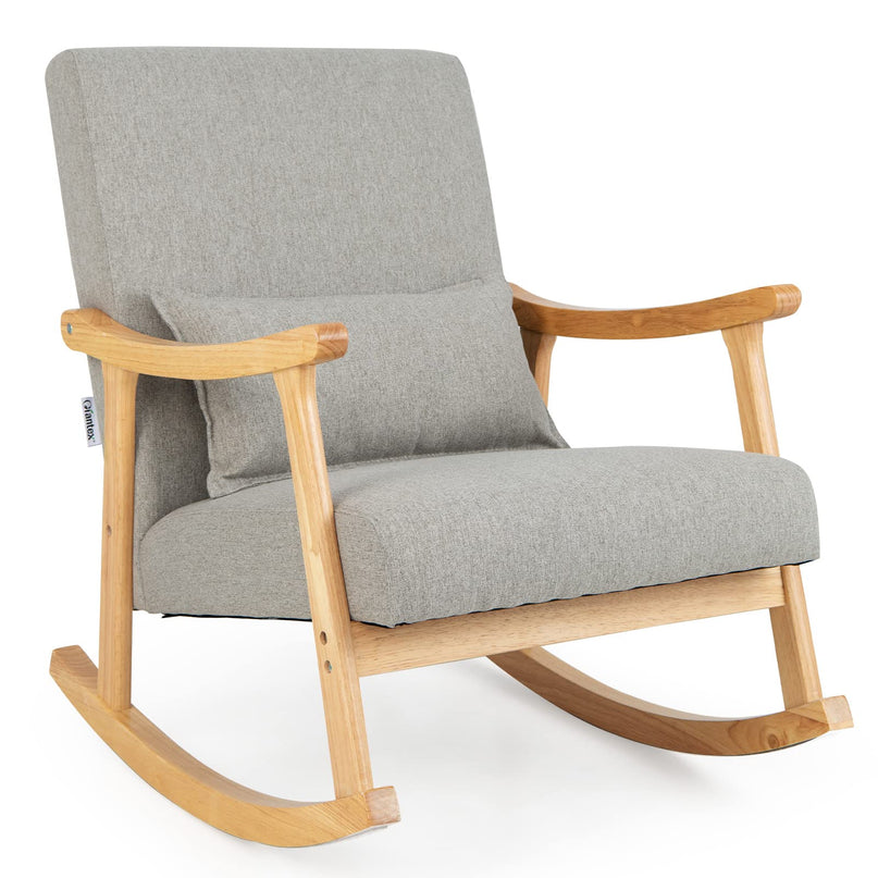 Giantex Upholstered Rocking Chair - Modern Rocker with Rubber Wood Frame, Comfy Backrest & Seat