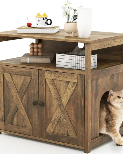 Giantex Cat Litter Box Enclosure - Litter Box Hidden Furniture with Barn Door, Inner Divider, Side Entry, Storage Shelf