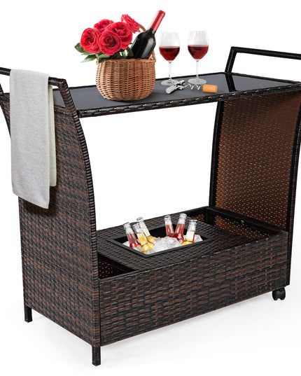 Giantex Rolling Wicker Cart Rattan Bar Cart Outdoor Serving Cart Wicker Trolley Portable Kitchen Trolley Cart W/Shelves and Big Drawer