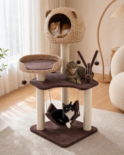 Giantex Wooden Cat Tree, 48 inches Cat Tower with Cattail Condo, Cat Bed, Hammock, Rotatable Jingling Balls