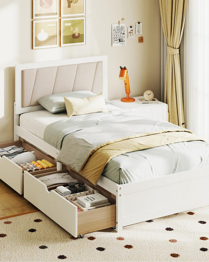 Giantex Wood Twin Bed with 2 Storage Drawers, Solid Wood Platform Bed with Upholstered Headboard