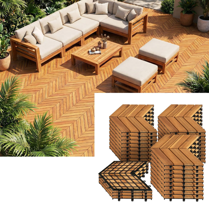 Giantex 30 PCS Acacia Wood Deck Tiles with Drainage Base