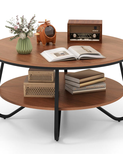 Giantex 2-Tier Round Coffee Table, 33.5" Wood Coffee Table with Open Storage Shelf