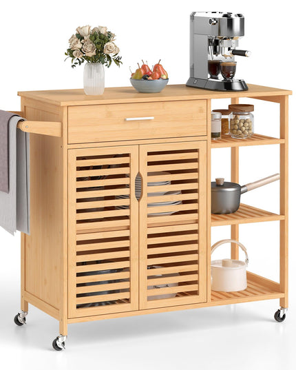 Giantex Bamboo Kitchen Island Cart with Drawer and Storage Cabinet