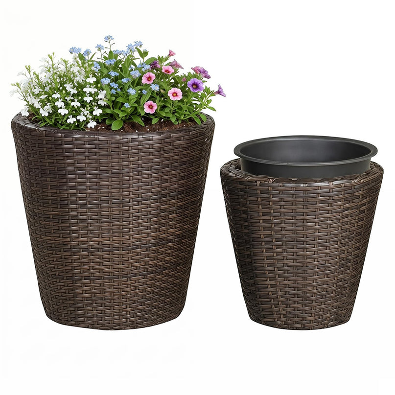 Giantex 15 Inch & 11.5 Inch Taper Rattan Planters with Drainage Holes and Saucers