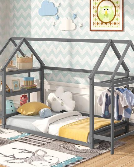Giantex Twin Floor Bed, Wood Montessori Floor Bed with Detachable 3 Tier Storage Bookshelf & Clothes Rack