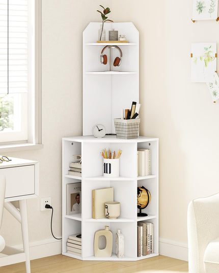 Giantex 6-Tier Corner Shelf with Charging Station, 63" Tall Corner Bookshelf with 2 USB Ports & 2 Outlets