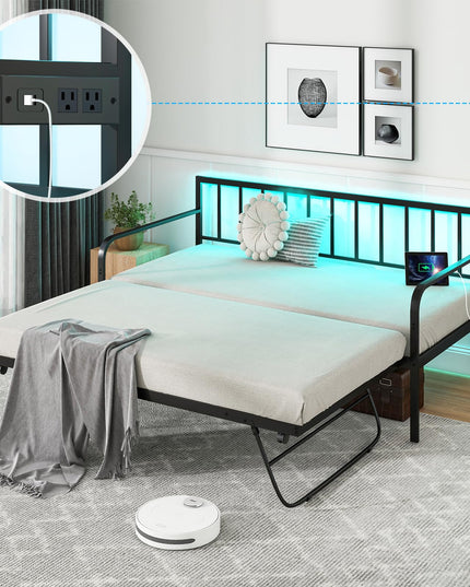 Giantex Twin Daybed with Trundle, Metal Day Bed with Charging Station & LED Lights