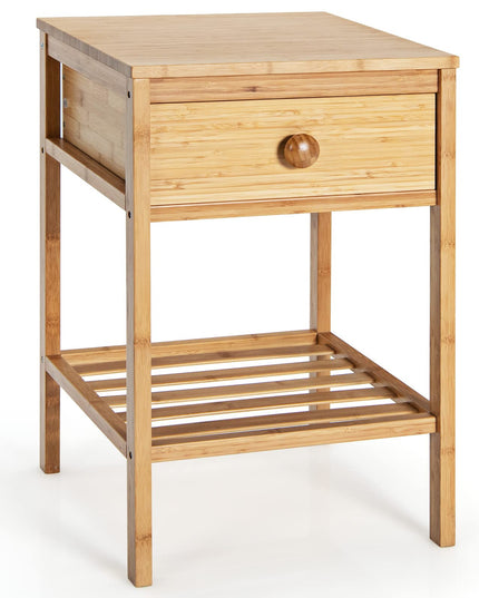 Giantex Nightstand Bamboo Bedside Table with Drawer, Open Shelf, Multifunctional Side Table