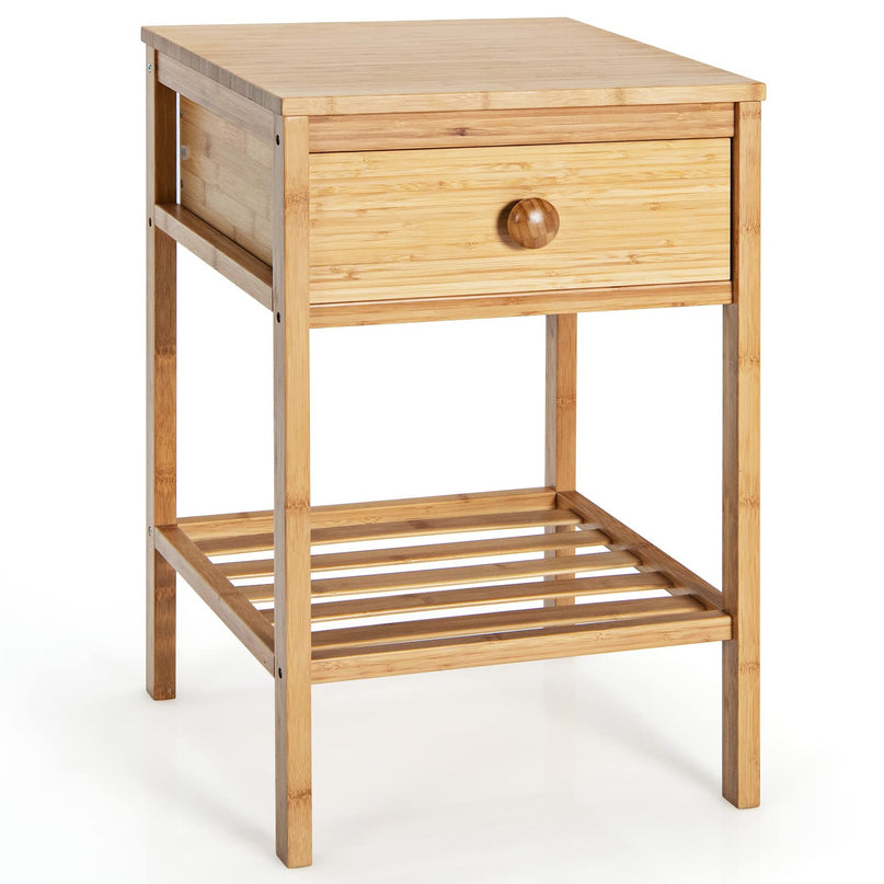 Giantex Nightstand Bamboo Bedside Table with Drawer, Open Shelf, Multifunctional Side Table