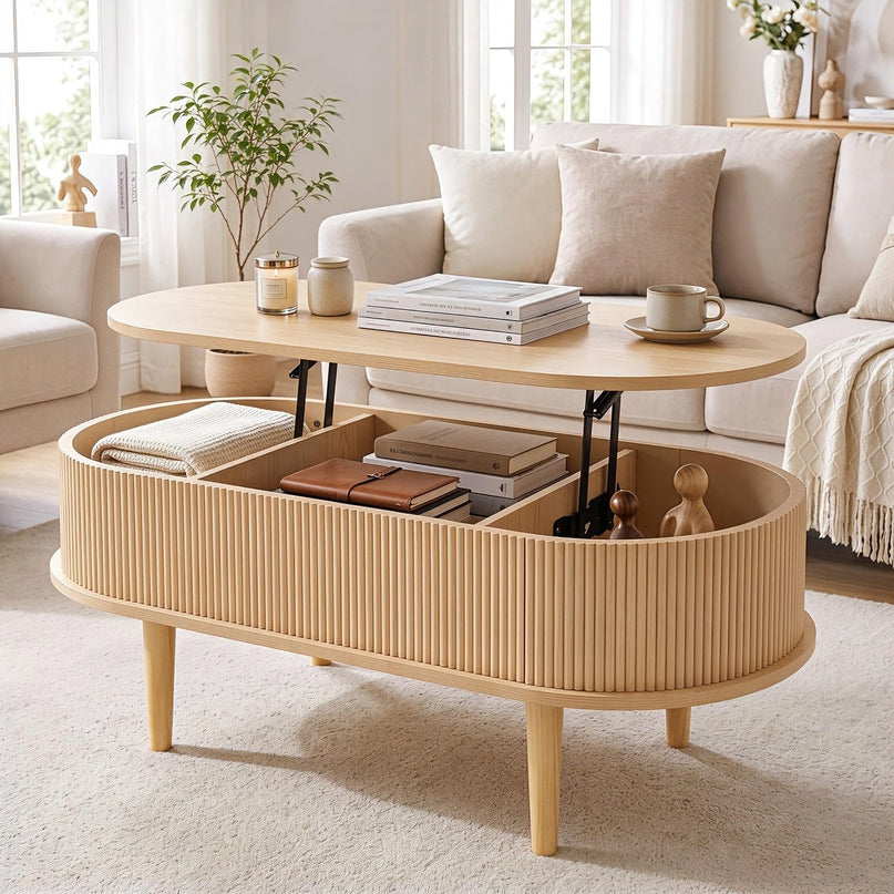 GIANTEX Oval Lift Top Coffee Table with Storage for Living Room