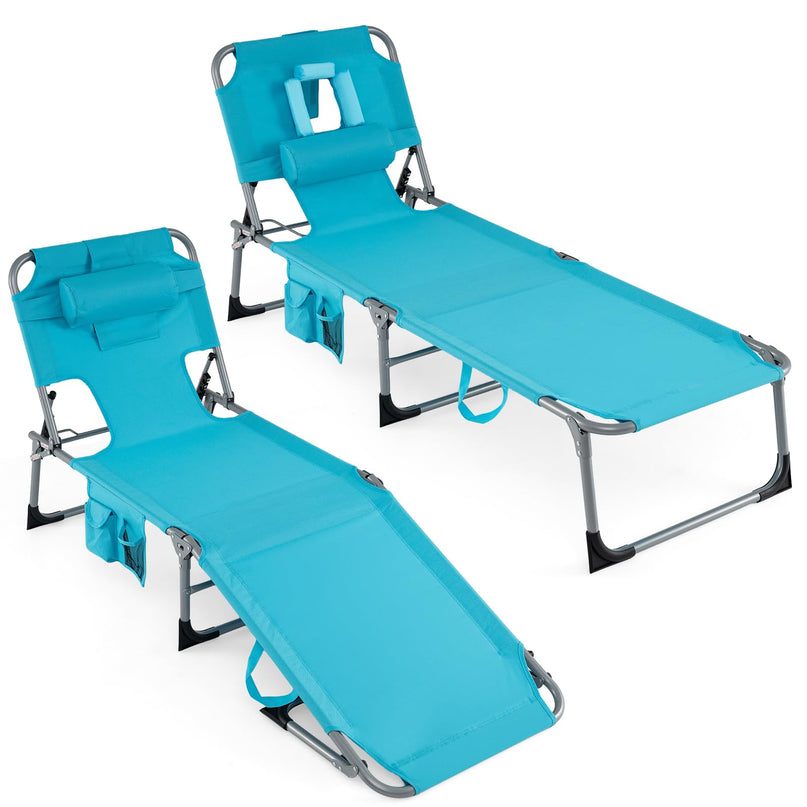 (下架）Giantex Tanning Chair Folding Beach Chair w/Face Arm Hole, Washable Pillow, Pocket
