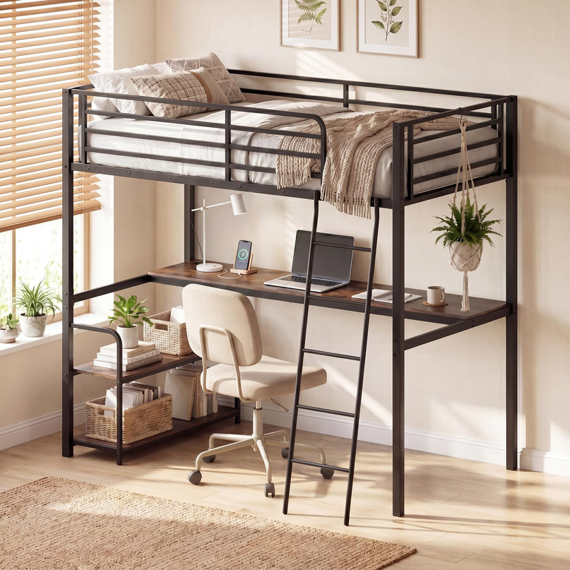 Giantex Twin Loft Bed with Desk & Charging Station