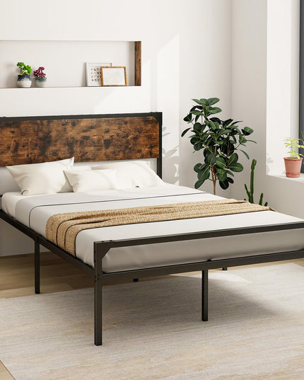 Giantex Full Size Bed Frame with Rustic Headboard & Footboard, Strong Metal Slat Support Mattress Foundation