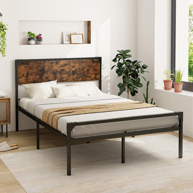 Giantex Full Size Bed Frame with Rustic Headboard & Footboard, Strong Metal Slat Support Mattress Foundation