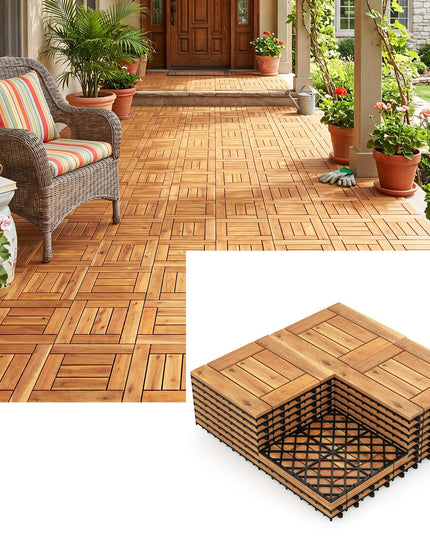 Giantex 12" x 12" Acacia Wood Interlocking Patio Flooring Tiles with Drainage Base