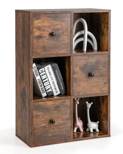 Giantex 6-Cube Bookcase with Drawers, 3-Tier Freestanding Wooden Bookshelf with Anti-toppling Device