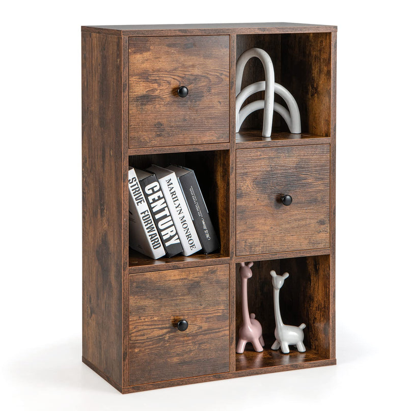 Giantex 6-Cube Bookcase with Drawers, 3-Tier Freestanding Wooden Bookshelf with Anti-toppling Device